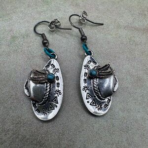 Boho Silver-Tone Turquoise Hat Dangle Earrings - Women Jewelry